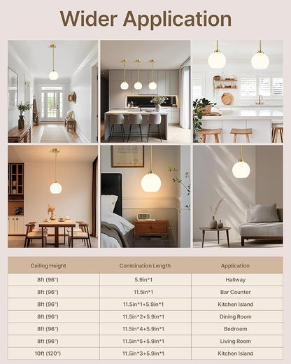 Majade Globe Pendant Lights Kitchen Island Pendant Light Fixtures 7.4 Inch Gold Mid Century Modern Brushed Brass Pendant Lighting with Milk Glass Adjustable Hanging Light Fixtures for Dining Room