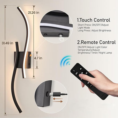 Battery Operated Wall Sconces Set of 2, Dimmable Rechargeable Battery Wall Light with Remote Control, 3000K-6500K LED Black Wireless Wall Sconce for Living Room Bedroom Hallway, 31.5inch (Black)