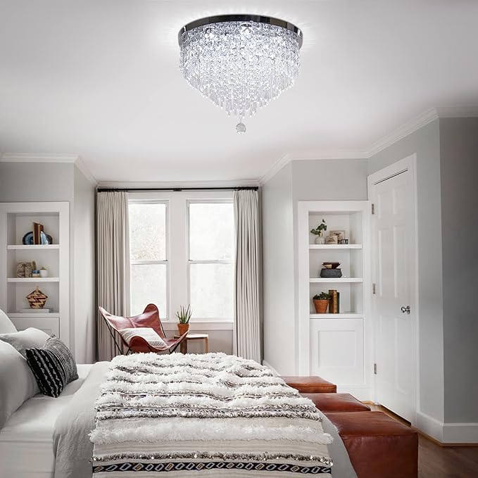 Modern 19.7" Crystal LED Ceiling Light with Remote Control, Flush Mount Chandelier, Dimmable & 3 CCT, 5-Tier K9 Crystal, Chrome Finish for Living Room Bedroom Dining Room
