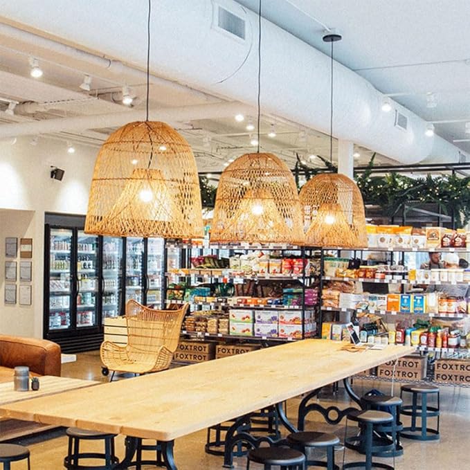17.7" Large Rattan Pendant Light Kitchen Island Boho Hollow Decor Hanging Lamp Fixture Natural Woven Bell Ceiling Hanging Lamp for Living Room, Bedroom, Dining Room Restaurant