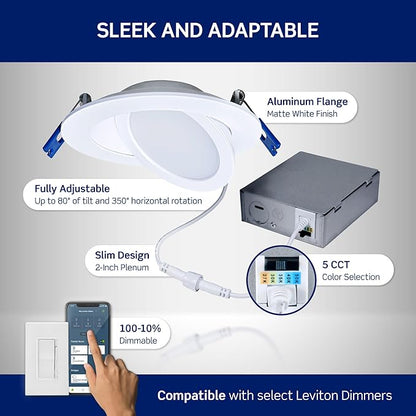 Leviton 4 in. Round Adjustable Slim Downlight, 820 Lumens, 5 CCT Color Selectable 2700K-5000K, Dimmable, DAR40-S1W