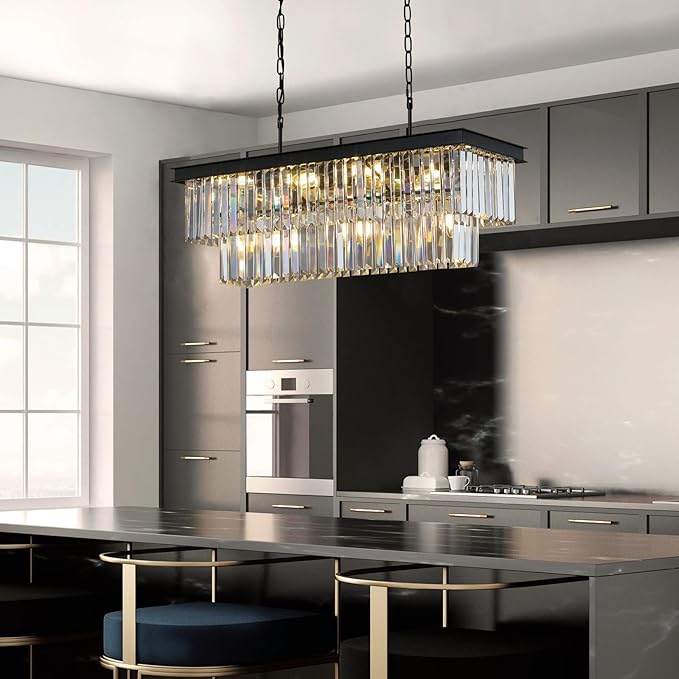 Weesalife Crystal Chandeliers for Dining Room 11-Light Black Modern Chandelier Rectangle Contemporary Pendant Light Fixture for Kitchen Island Bar L33.5 Inch