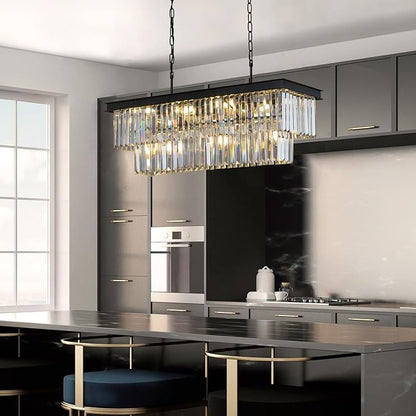 Weesalife Crystal Chandeliers for Dining Room 11-Light Black Modern Chandelier Rectangle Contemporary Pendant Light Fixture for Kitchen Island Bar L33.5 Inch
