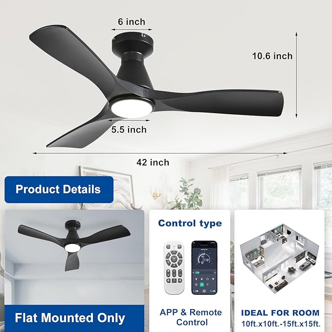 DLLT 42-Inch Ceiling Fans with Lights: Flush Mount Ceiling Fan 3 Blades for Indoor Outdoor - Black Ceiling Fan with Remote APP Control Noiseless for Low Profile Bedroom