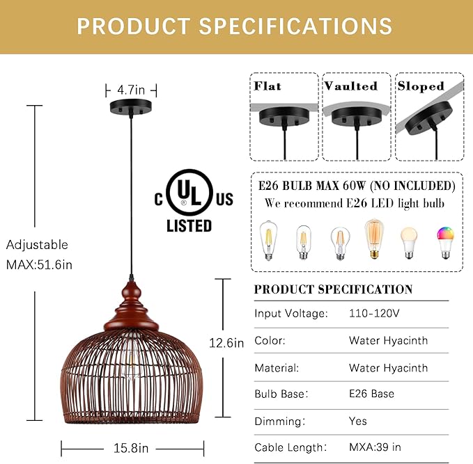 Rattan Pendant Light Kitchen Island, 15.8" Boho Dining Room Light Fixture Hand-Woven Wicker Chandelier Farmhouse Weaving Lighting Coastal Ceiling Hanging Lights for Living Room Restaurant