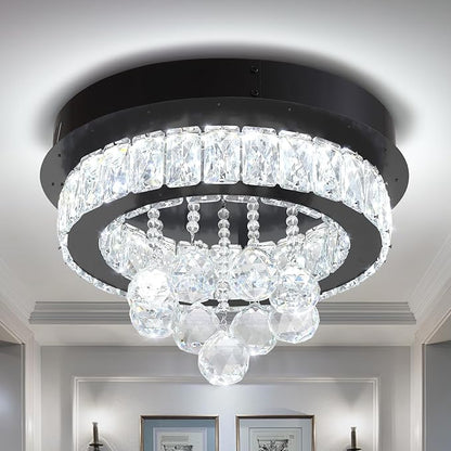 Dia 12" Mini Chandelier Flush Mount Chandelier for Hallway, Crystal Ceiling Chandeliers for Dining Room, Bedroom, Living Room, Entryway, Kitchen (Black Ceiling Light Fixture)