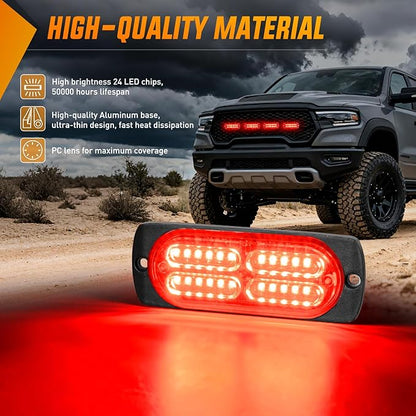 Nilight 4PCS 24LED Emergency Strobe lights 12V 24V Red Surface Mount Grille Hazard Safety Warning Light Sync Feature Side Flashing Marker Flash for Car Truck Campers