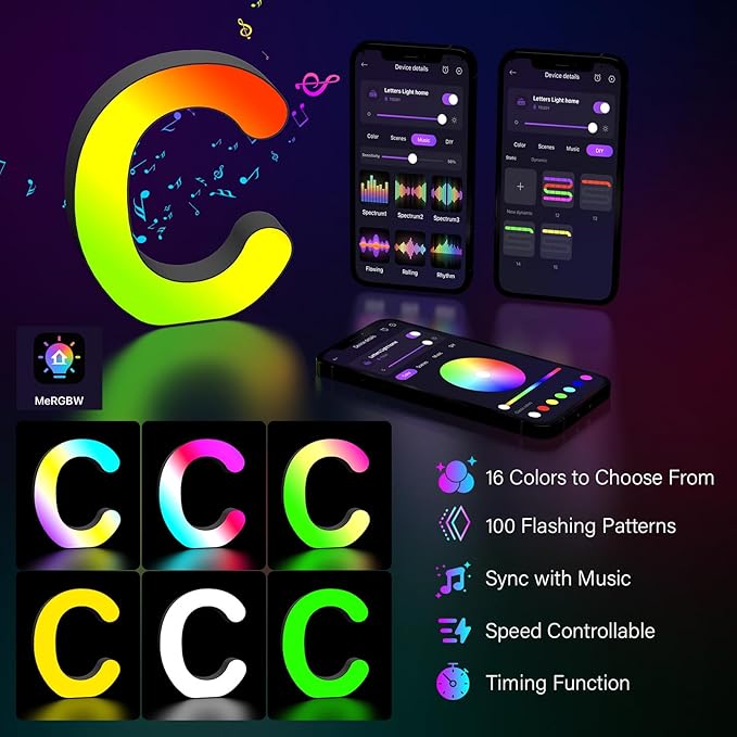 Light Up Letters Marquee Letter - Music Sync RGB Color Changing LED Lights Letter Logo Game Lights for Girls Women Party Birthday Christmas Valentine's Day Wall Desktop Decoration (MRGB-C)