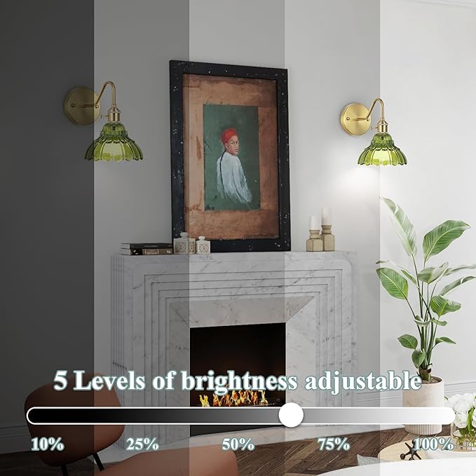 Vintage Battery Operated Wall Sconces Set Of Two, Indoor not Hardwired Brass Green Glass Lampshade Fixtures,Rechargeable Wireless RGB Wall Lights with Dimmable Remote Control,for Bedroom Living Room