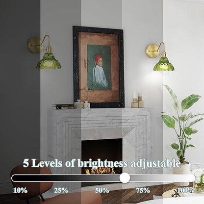 Vintage Battery Operated Wall Sconces Set Of Two, Indoor not Hardwired Brass Green Glass Lampshade Fixtures,Rechargeable Wireless RGB Wall Lights with Dimmable Remote Control,for Bedroom Living Room