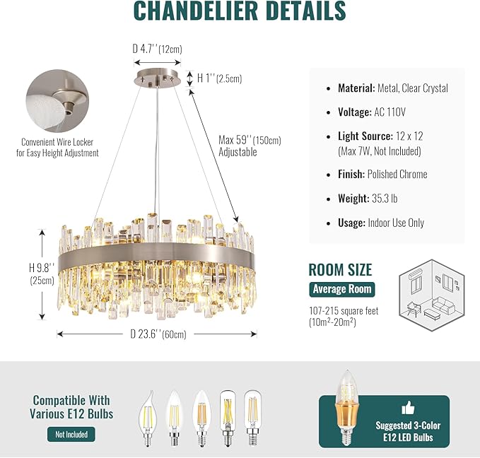 Siljoy Modern Crystal Chandelier 12-Light Brushed Nickel Luxury 2-Tiers K9 Crystal Raindrop Chandelier Dimmable Crystal Ceiling Light for Dining Living Room Kitchen Entryway Foyer D23.6''