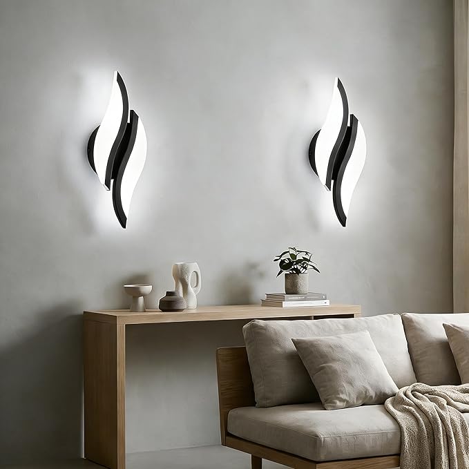 Modern LED Wall Sconce 2 Pack Wall Light Fixtures, 6000K Indoor Black Wall Light for Living Room Bedroom Hallway Stairs