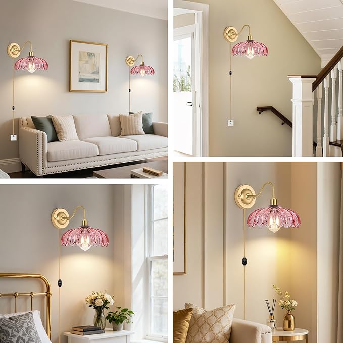 ZECOXOL Vintage Plug in Wall Sconces Set of Two, Glass Wall Sconces Lamps with Flower Lampshade & Dimmable Plug in Cord, Dimmable Sconces Wall Decor Set of 2 Plug in Wall Lights Sconces for Bedroom