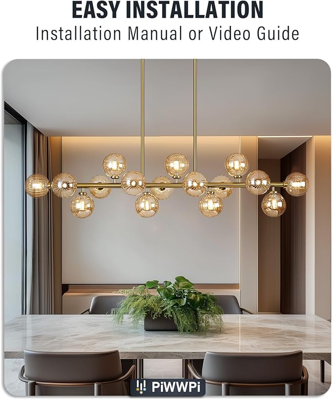 55" Long Brass Gold Chandeliers for Dining Room Kitchen Island, Large Globe Sputnik Linear Chandelier, 16 Lights Mid Century Modern Light Fixture Over Table, Amber Bubble, GC-08