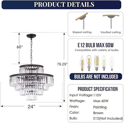 Modern Crystal Chandelier Pendant Ceiling Lights 5-Tier Chandeliers for Dining Rooms Foyer Hallway 13-Lights (Dia 24 Inch)-Oil Brown