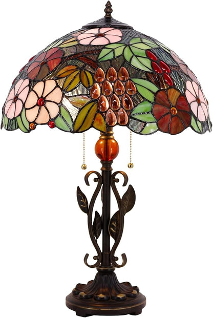 Tiffany Table Lamp Grapes Stained Glass Desk Reading Light 16X16X24 Inch Metal Leaf Base for Bedroom Living Room Home Office
