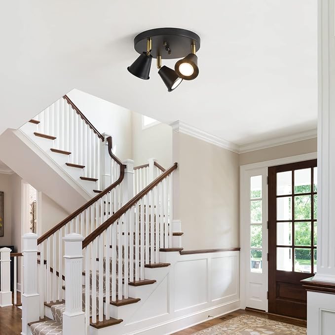 3-Light Industrial Directional Track Lighting, Adjustable Round Ceiling Spotlight, Morden Black Flush Mount Kitchen Light for Kitchen,Hallway,Dining Room,Porch,Office.Gu10 Bulbs Included