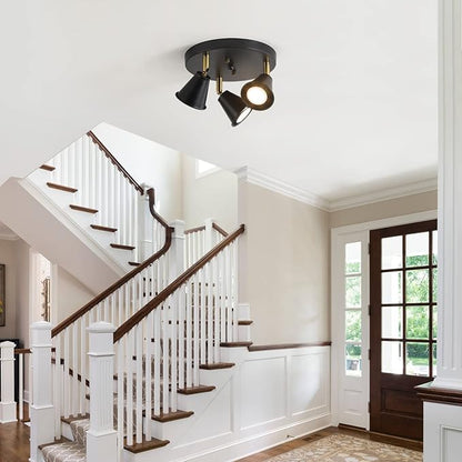 3-Light Industrial Directional Track Lighting, Adjustable Round Ceiling Spotlight, Morden Black Flush Mount Kitchen Light for Kitchen,Hallway,Dining Room,Porch,Office.Gu10 Bulbs Included