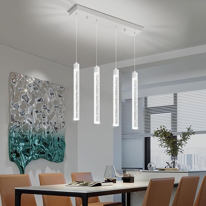 Modern Crystal Column Chandeliers for Dining Room Dimmable 4-Lights Silver LED Hanging Pendant Light Kitchen Island,Bedroom,Over Table,Living Room, Adjustable Height