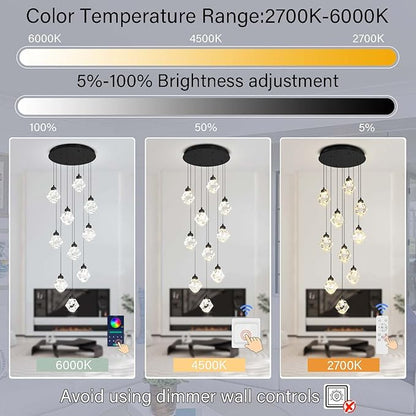 H138in Foyer Chandelier Staircase Chandeliers for High Ceiling Black Pendant Light Fixture 14-Lights Crystal Chandelier Lighting Fixture for Living Room Staircase Villa