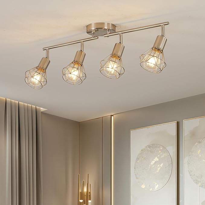 4-Light Track Light Brushed Nickel Adjustable Kitchen Track Lighting Multi-Directional Cage Flush Mount Ceiling Light with E26 Base Farmhouse Close to Ceiling Lamp for Dining Room Hallway