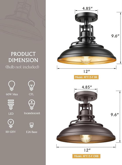 FEMILA Industrial Semi Flush Mount Ceiling Light, Outdoor Flush Mount Porch Light in Matte Black & Gold, 12" Farmhouse Front Porch Ceiling Lighting Fixture for Entryway, Hallway, Kitchen, 4FY15-F BK-1