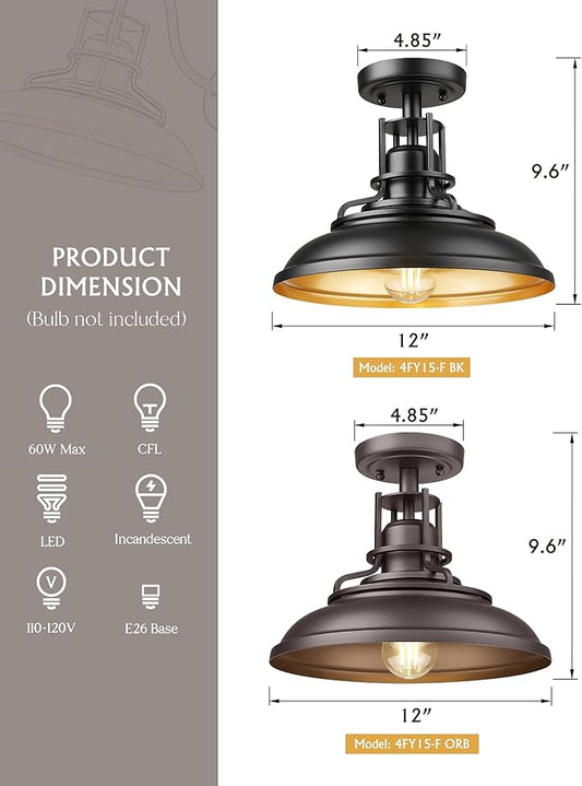 FEMILA Industrial Semi Flush Mount Ceiling Light, Outdoor Flush Mount Porch Light in Matte Black & Gold, 12" Farmhouse Front Porch Ceiling Lighting Fixture for Entryway, Hallway, Kitchen, 4FY15-F BK-1