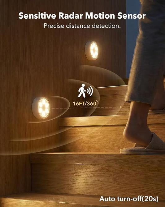 Radar Motion Sensor Puck Lights with Remote Control, RGB Rechargeable Wireless Under Cabinet Lighting for Kitchen, Magnet Stick on LED Closet Lights, Cordless Night Light for Counter, Stair, Bookshelf