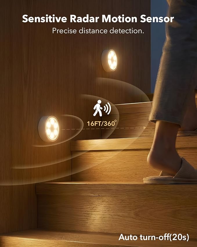 Radar Motion Sensor Puck Lights Rechargeable, Wireless RGB Under Cabinet Lighting with Remote, Color Changing Night Lights USB Magnetic Push Light for Stairs, Shelf, Showcase, Bookcase, Display