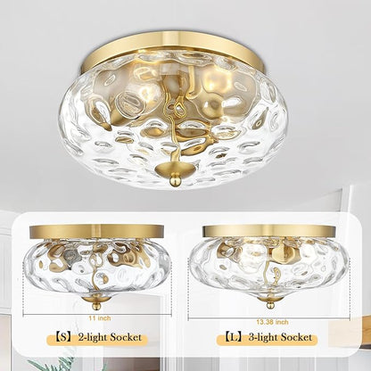 Darkaway Large Ceiling Light Fixtures, 3-Light Flush Mount Indoor Outdoor Ceiling Light with Water Ripple Glass Shade for Hallway Kitchen Bedroom Porch Living Room Gold Finish