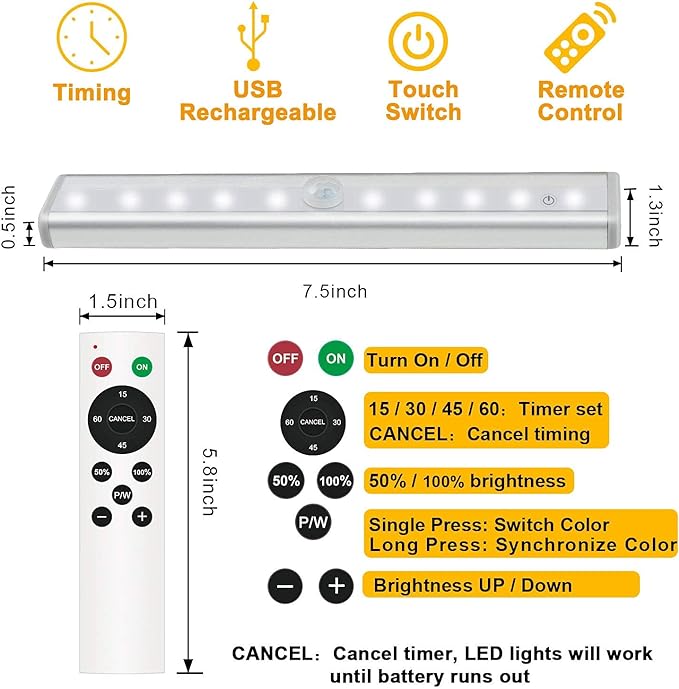 Remote Control Under Cabinet Lighting Wireless 6 Pack, 20-LED Dimmable Closet Lights Rechargeable Under Counter Light, Stick on Touch Night Light Strip Bar for Kitchen Stairway Bedroom, 3 Colors