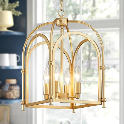 4-Light Gold Chandelier, Modern Farmhouse Lantern Chandelier with Rustic Cage Hanging Pendant Light Fixture for Kitchen Island Bedroom Living Room Entryway Foyer, Dining Room Light Fixtures Over Table