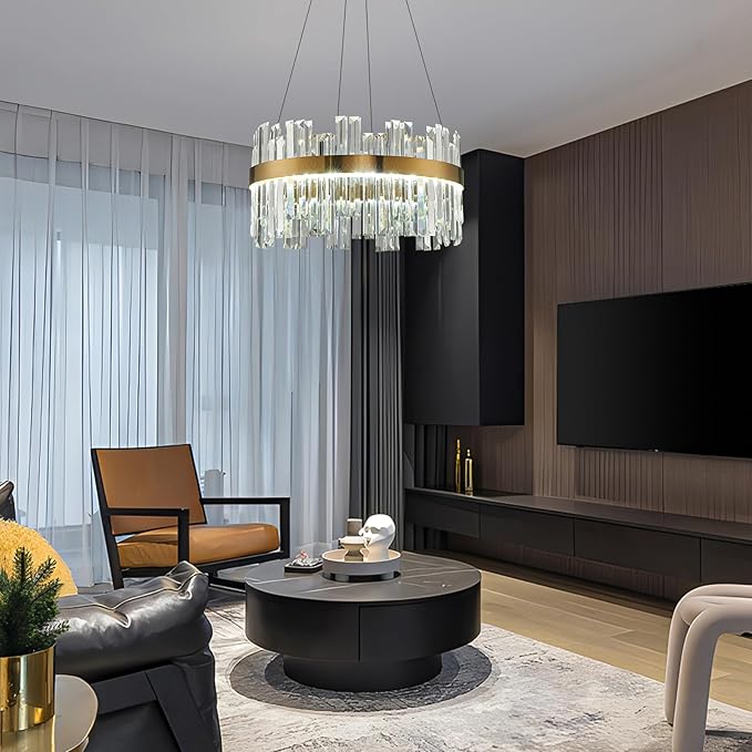 Gold Modern Crystal Led Chandelier: 19.7" Dimmable K9 Crystals Chandeliers over Table - Golden Luxury Round Drum Chandelier - Height Adjustable Sparkly Chandelier for Dining Room Living Room Bedroom