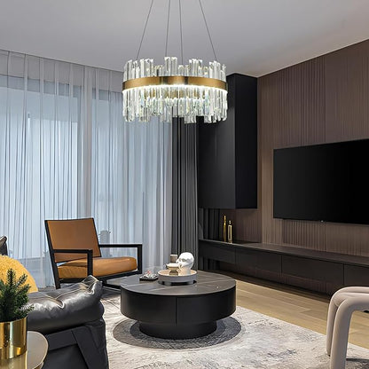 Gold Modern Crystal Led Chandelier: 19.7" Dimmable K9 Crystals Chandeliers over Table - Golden Luxury Round Drum Chandelier - Height Adjustable Sparkly Chandelier for Dining Room Living Room Bedroom
