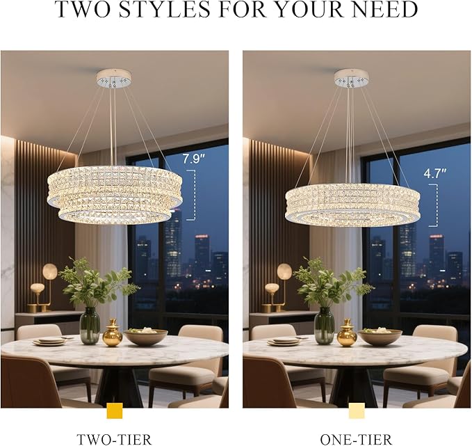 24’’ Crystal LED Chandelier 2-Tier with Remote Control Dimmable 3000-6500K Contemporary Luxury Chandeliers Modern Chrome Light Fixture for Dining Living Room Kitchen Island Foyer Entryway
