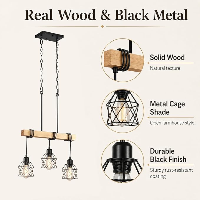 3 Light Farmhouse Kitchen Island Lighting,Dining Room Light Fixture,Adjustable Height Pendant,Real Wood and Black Metal Cage Chandelier for Kitchen,Dining Room