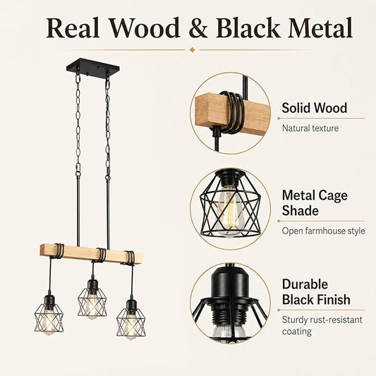 3 Light Farmhouse Kitchen Island Lighting,Dining Room Light Fixture,Adjustable Height Pendant,Real Wood and Black Metal Cage Chandelier for Kitchen,Dining Room