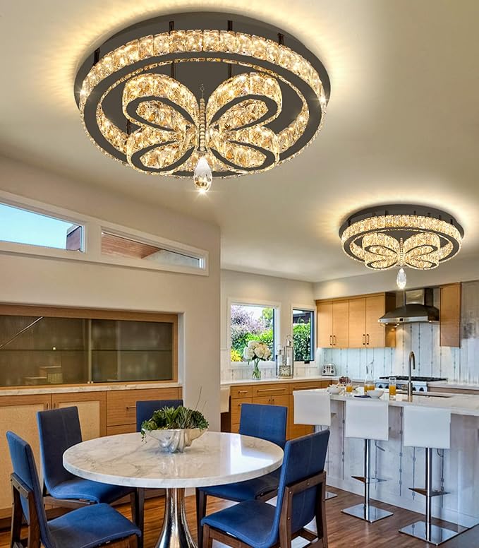 20'' Modern Crystal Chandelier LED Dimmable Flush Mount Ceiling Light Pendant Light for Living Room Bedroom Dining Room Black