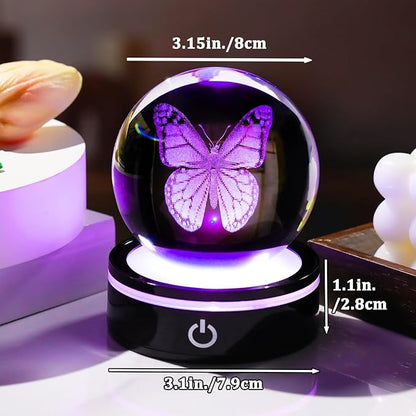YWHL 3D Crystal Ball Butterfly Figurine with Colorful LED Base, Butterfly Gifts for Women Men on Christmas Birthday, Butterflies Ornament Glass Sphere Decorative Ball for Home Decor (80mm)