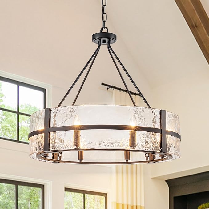 28" Black Glass Chandelier for Dining Room, 8-Light Modern Large Glass Drum Chandelier Dining Room Light Fixture Over Table, Hanging Pendant Light for High Ceiling Foyer Living Room