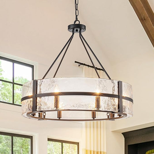 28" Black Glass Chandelier for Dining Room, 8-Light Modern Large Glass Drum Chandelier Dining Room Light Fixture Over Table, Hanging Pendant Light for High Ceiling Foyer Living Room