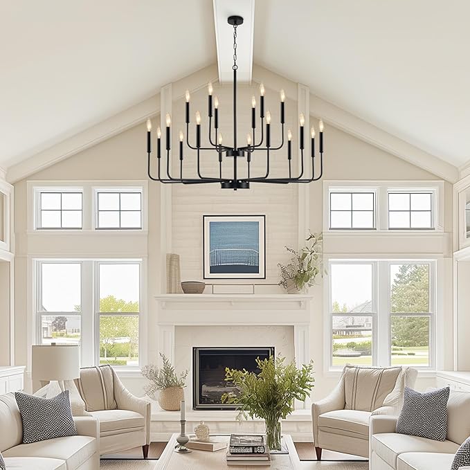 Black Chandeliers for Dining Room Light Fixture Over Table, Modern Farmhouse Chandeliers for Living Room,18-Lights Industrial Metal 2-Tier Candle Lighting Fixtures for Entryway Kitchen Island Foyer