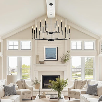 Black Chandeliers for Dining Room Light Fixture Over Table, Modern Farmhouse Chandeliers for Living Room,18-Lights Industrial Metal 2-Tier Candle Lighting Fixtures for Entryway Kitchen Island Foyer