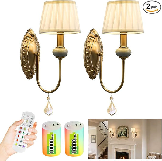 Wireless Battery Operated Antique Brass Wall Sconces Set of 2, 10000mAh Rechargeable Gold Crystal Vintage Fabric Shade Wall Lights with Bulbs & Remotes, RGB Dimmable for Living Room Bedroom Hallway
