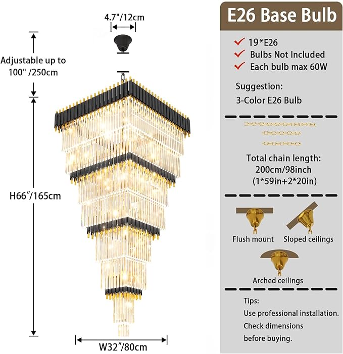 W32in x H94.5in Large Black Gold Crystal Chandelier,Square Crystal Raindrop Chandelier High Ceiling Pendant Light for Entrance Villa Foyer Ceiling Lighting Fixtures
