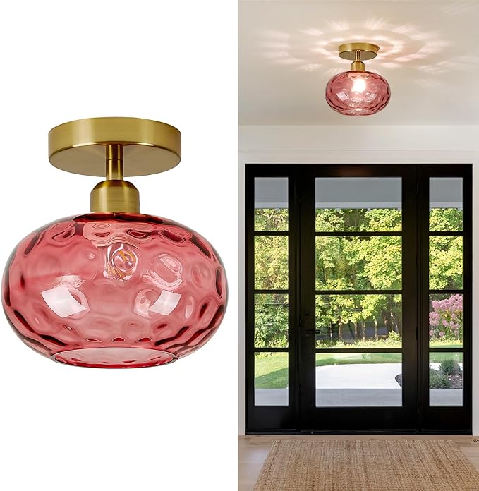 Luafac Red Glass Semi Flush Mount Ceiling Light - 7.9 Inch Hammered Art Deco Glass Small Hallway Light fixtures, Vintage Gold Flush Mount Ceiling Light for entryway Foyer Laundry Room Kitchen