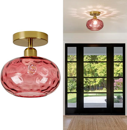 Luafac Red Glass Semi Flush Mount Ceiling Light - 7.9 Inch Hammered Art Deco Glass Small Hallway Light fixtures, Vintage Gold Flush Mount Ceiling Light for entryway Foyer Laundry Room Kitchen
