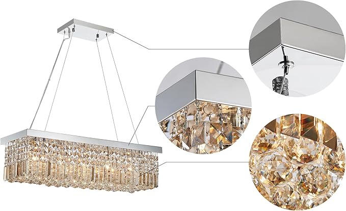 Saint Mossi 5-Lights Modern K9 Crystal Chandelier, Crystal Pendant Light Fixture, H9 x W10 x L31, Chain Adjustable Max 59“, Champagne Crystal & Chrome Finish