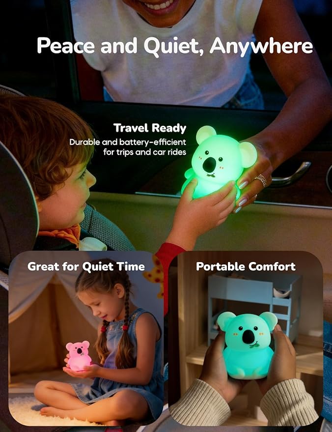 Slumber Pal Mini Koala Night Light for Kids, Silicone Squishy Night Light with 8 Color Changing, Warm Red Glow & Timer, Portable Rechargeable Night Light for Baby Car Seat, Bedroom & Travel