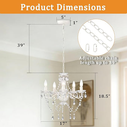 Small White 5-Light Crystal Chandelier, Modern Glass Chandelier Lighting Fixture, Small Chandelier for Bedroom, Dining Room, Living Room, Kitchen, Foyer, Girls Room Ceiling Light